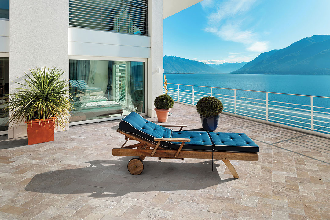 #Walnut Classic Ttravertine Tile, Outdoor Wood Lounger beauty image